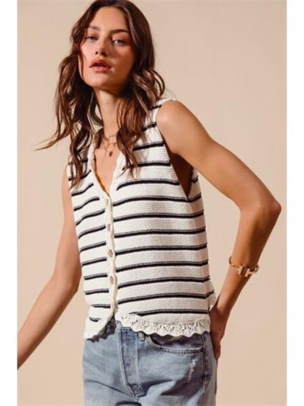 SO ME Buttoned Front Stripe Texture Knitted Sweater Vest - Picture 10 of 11